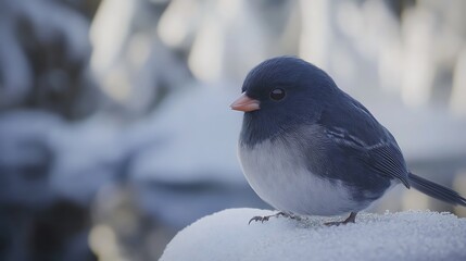 Dark-eyed Junco Bird Perched on Snow in Winter Environment Close-up