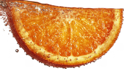 Close up of a juicy orange slice submerged in sparkling water, with bubbles clinging to its surface against a transparent background, creating a refreshing and vibrant image