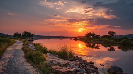 Sunset Over Calm River with Pathway and Rocks on the Shore
