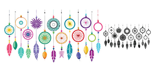 Diverse collection of colorful dreamcatchers with feathers suspended elegantly depicting bohemian decorative elements