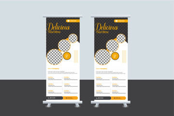 Healthy fast food business marketing roll up or x banner template design with abstract background, restaurant logo and icon. Pizza, burger or hamburger sale rack card & flyer. Food menu poster