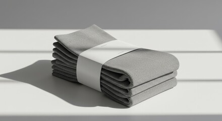 Stack of gray cloth napkins, wrapped in white paper, on a white surface.  Sunlight casts shadows