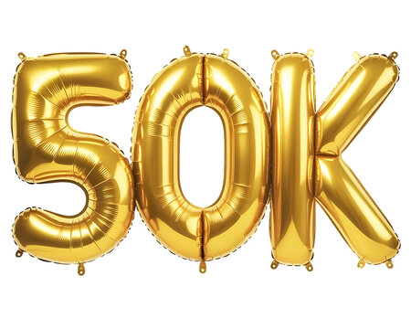 Gold balloons forming 50k number isolated on transparent background
