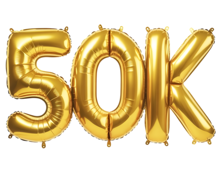 Gold balloons forming 50k number isolated on transparent background