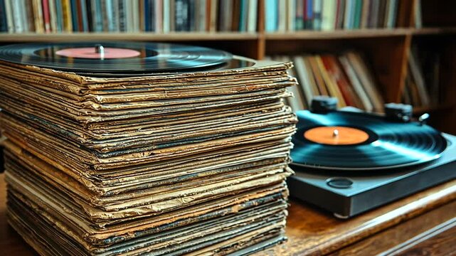 Vintage vinyl records stacked beside a turntable in a cozy library setting, with shelves in the background