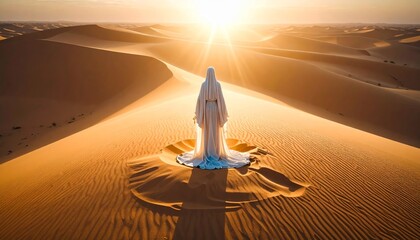 Serene desert landscape with figure bathed in golden light emanating hope