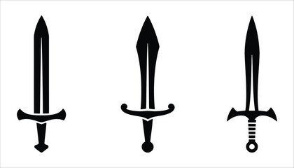 Sword Icon Set in Black Silhouette Style for Medieval and Fantasy Designs

