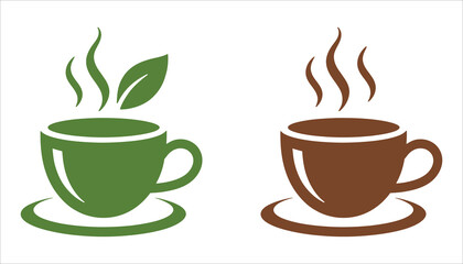 Tea and Coffee Cup Icon Set with Steam in Flat Minimal Style
