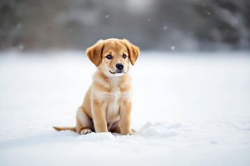 Puppy learning to sit, curious expression, soft snow backdrop, bright blue eyes. Concept of puppy learning to sit, showcasing training moments, dog in serene winter scene.
