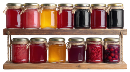 Jars of vibrant fruit preserves, sitting on rustic wooden shelves, offer a colorful and transparent background display of homemade goodness