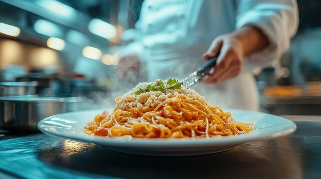 Chef preparing pasta dish - Powered by Adobe