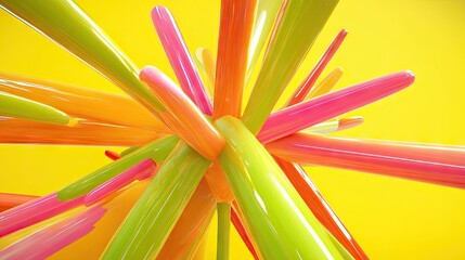 Vibrant, multicolored, glossy cylinders explode from a central point against a bright yellow background