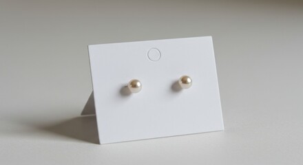 Two small, light beige pearl stud earrings displayed on a white card