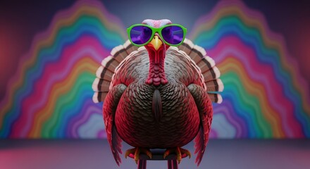 Turkey with Sunglasses on Stool Against Rainbow Backdrop