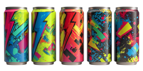 Five colorful drink cans with abstract designs isolated on white background