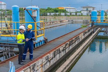 Environmental engineers work at wastewater treatment plants,Water supply engineering working at...