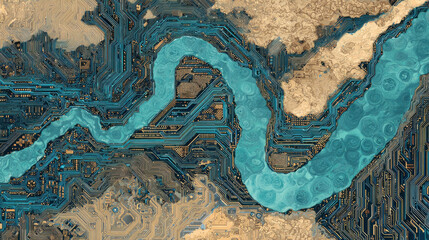 Abstract digital painting of river merging into landscape, featuring intricate patterns resembling circuit board designs. vibrant blue water flows through textured terrain, evoking sense