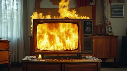 Fire engulfs vintage television in living room during chaotic evening event - Powered by Adobe