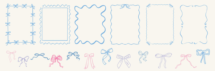 Doodle hand drawn frames with lemons, wave and bows. Minimalist line art. Vintage blue ornament borders for wedding, greeting cards, menu, picnic invitations. Mediterranean sea coastal vibe