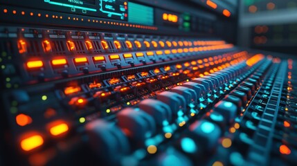 Close-up audio mixing console with glowing controls