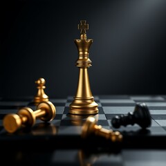 Golden King Standing Alone After Victory on Dark Chessboard