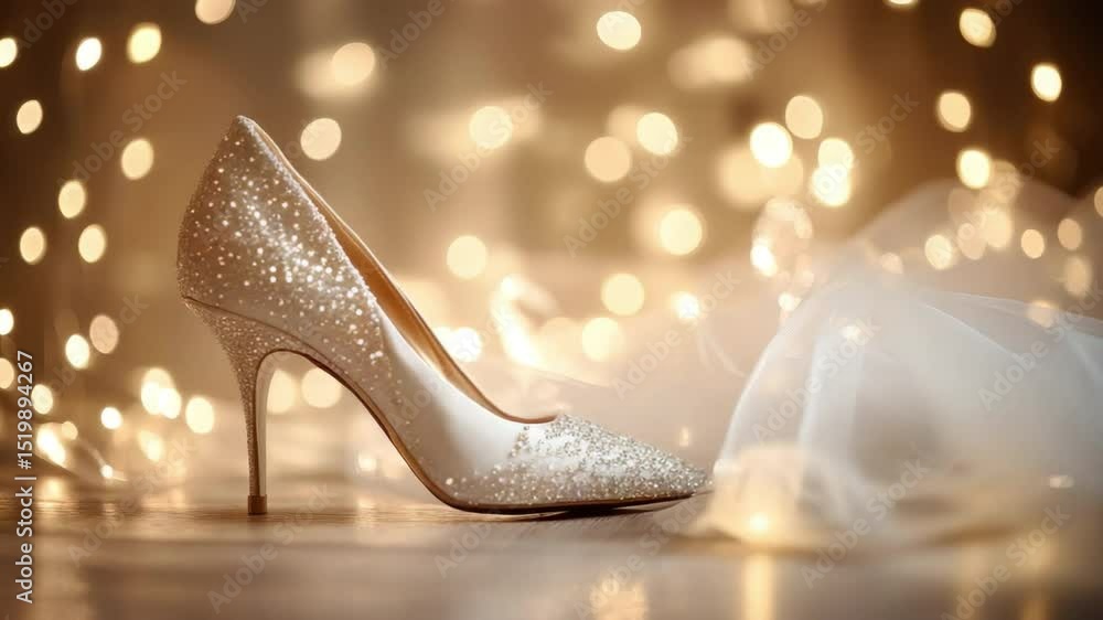Poster elegant sparkling high heeled shoe on a soft fabric surface with a dreamy bokeh background for brida