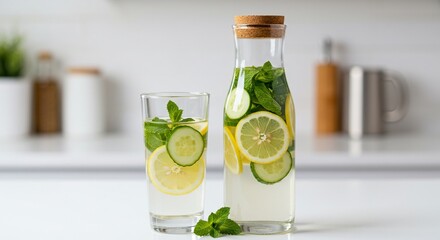 Refreshing water with lemon, cucumber, and mint, kitchen background, for wellness