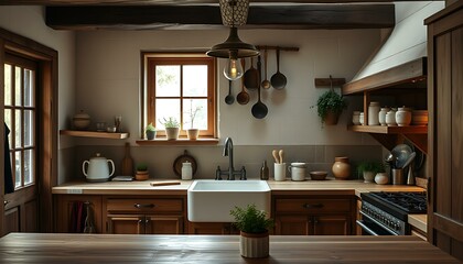 Rustic Country Kitchen With Wooden Cabinets and Hanging Utensils