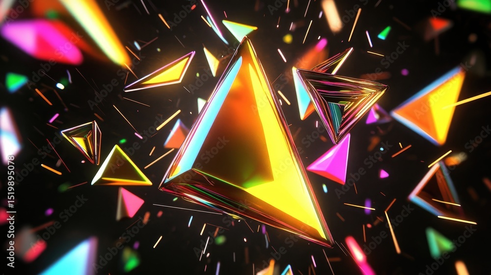Poster vibrant, iridescent triangles explode across a dark background, creating a dynamic, abstract composi