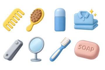 Obraz premium Hygiene Icons Collection. 3D icons set of personal hygiene habits: comb, hairbrush, deodorant, clean clothes, nail clipper, mirror
