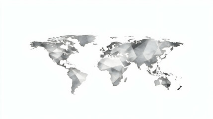 Abstract Low-Poly World Map Illustration in grayscale, showcasing global interconnectedness with a textured artistic background design, perfect for travel or geography themed projects.