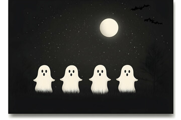 Four Friendly Ghosts Stand in Grass Under a Full Moon and Starry Night Halloween Illustration