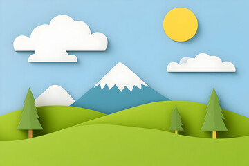 Paper Craft Landscape: Mountains, Trees, and Clouds Under a Sunny Sky
