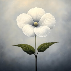 Digital Painting of a Single White Flower with Green Leaves Against a Soft Gray Background