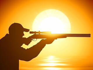 Silhouette of Hunter Aims Rifle at Sunset, Golden Hour Background Illustration