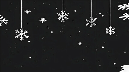 Abstract Dark Background with Hanging White Snowflakes and Falling Snow, Winter Holiday Illustration