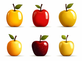 Shiny Red and Yellow Apples Digital Illustration: A Collection of Six Glossy Fruit Images with Leaves, Isolated on White Background