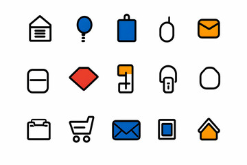 Collection of Colorful Line Icons Depicts Diverse Symbols for Web and App UI, Including Home, Message, Shopping Cart, and More.
