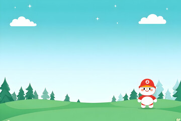 Cute Cartoon Snowman in Red Outfit Stands on Green Hill under a Blue Sky with Clouds and Stars Illustration