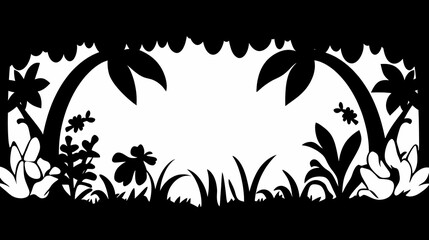 Black and White Silhouette Illustration of Lush Tropical Jungle Scene with Palm Trees and Flowers, Ideal as a Background Design