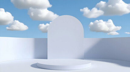 3D Render of a Minimalist White Platform Set Against a Blue Sky with Fluffy Clouds Backdrop: Ideal for Product Displays or Abstract Backgrounds