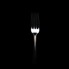 A Sleek Silver Fork, Vertically Centered Against a Pitch Black Background, Exhibiting a Dramatic High-Contrast Silhouette, Ideal for Minimalist Design or Culinary Themed Projects.