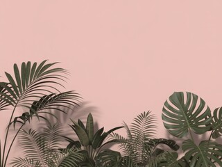Vibrant green foliage contrasts beautifully against a soft pink backdrop, creating a serene and stylish indoor atmosphere
