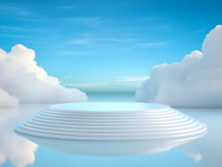 Serene 3D Render: Circular Platform on Calm Waters, Surrounded by Clouds, Abstract Background