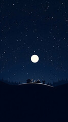 Nighttime Illustration: Silhouetted Houses Under a Bright Moon and Starry Sky