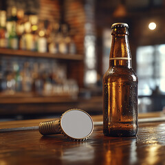 Chilled Amber Beer Bottle and Cap on a Rustic Wooden Bar Surface