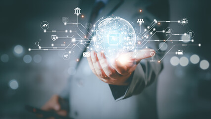 Businessman interact with AI artificial intelligence brain processor in concept of AI artificial intelligence engineering, big data and AI machine learning to use generative AI for business support.