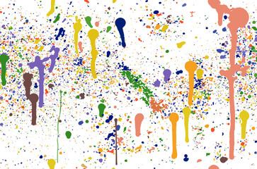 Seamless pattern paint drops, graffiti splashes. Spots and small dots. Abstract aquarelle design. Acrylic colorful vector. Abstract texture of splatters and bolts. Color paint drops, graffiti splashes