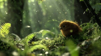 Obraz premium Cute Little Bird Perched on Moss in a Sunlit Forest Setting