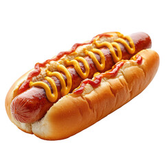 A delicious hotdog with mustard and ketchup in a soft white bun on transparent background